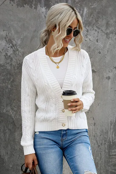 Explore More Collection - Cable-Knit Button Up Dropped Shoulder Cardigan