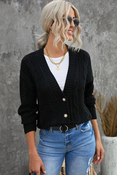 Explore More Collection - Cable-Knit Button Up Dropped Shoulder Cardigan