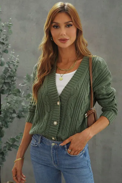 Explore More Collection - Cable-Knit Button Up Dropped Shoulder Cardigan