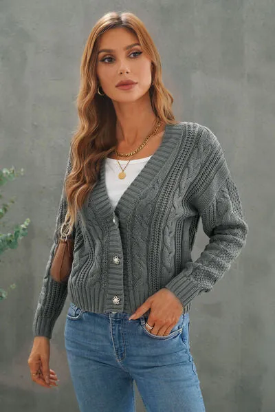 Explore More Collection - Cable-Knit Button Up Dropped Shoulder Cardigan