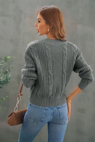 Explore More Collection - Cable-Knit Button Up Dropped Shoulder Cardigan