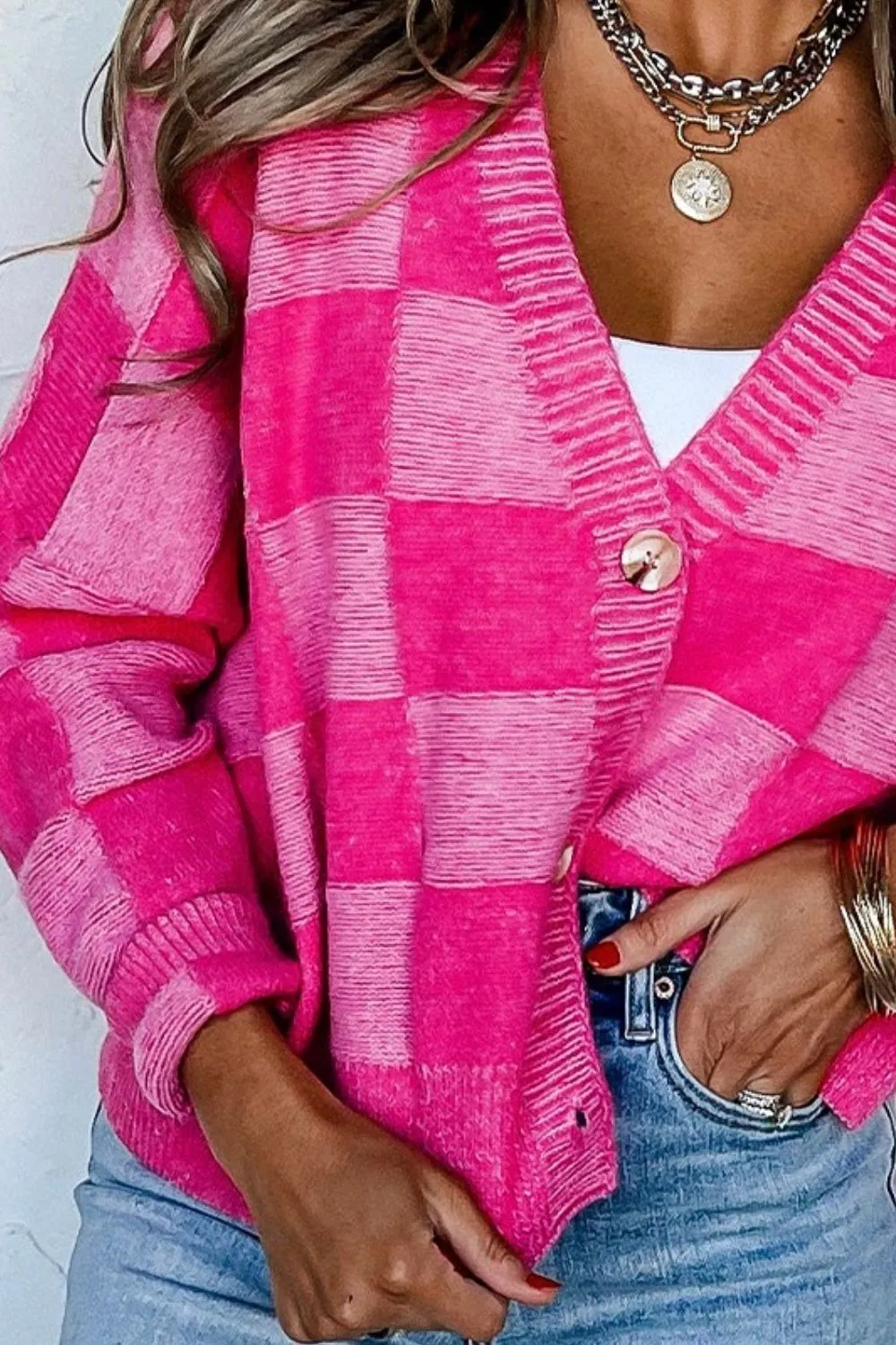 Explore More Collection - Checkered Button Up Long Sleeve Cardigan