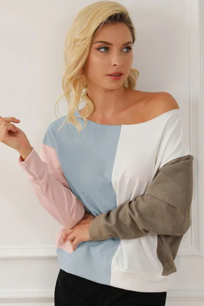 Explore More Collection - Color Block Boat Neck Sweatshirt