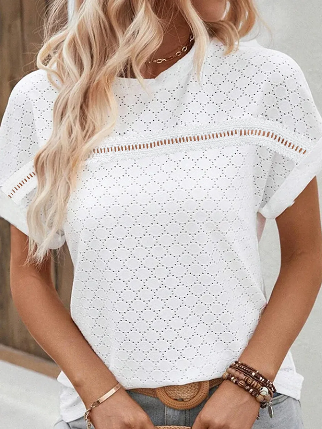 Explore More  Collection - Eyelet Round Neck Short Sleeve Blouse