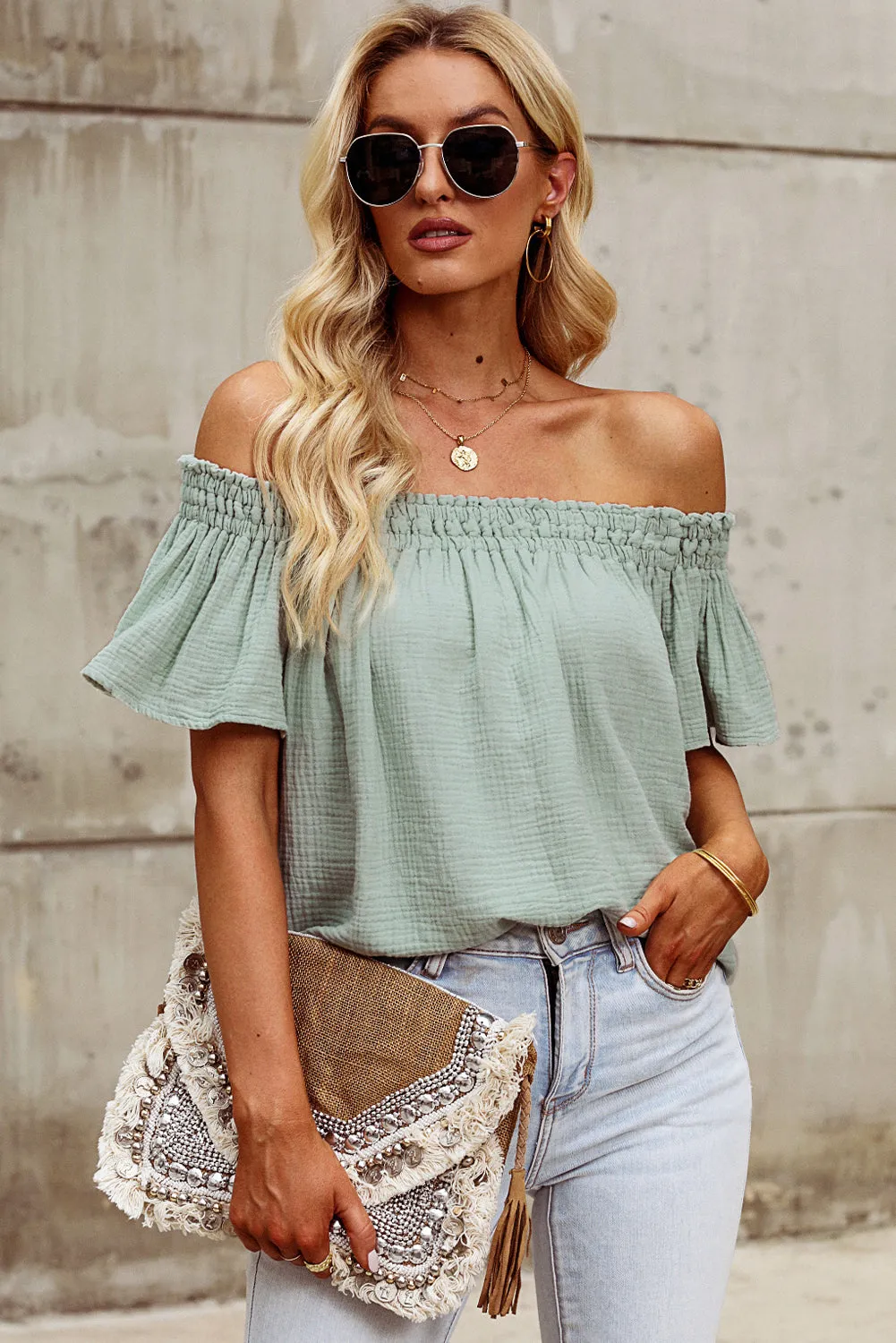Explore More  Collection - Off-Shoulder Short Sleeve Blouse