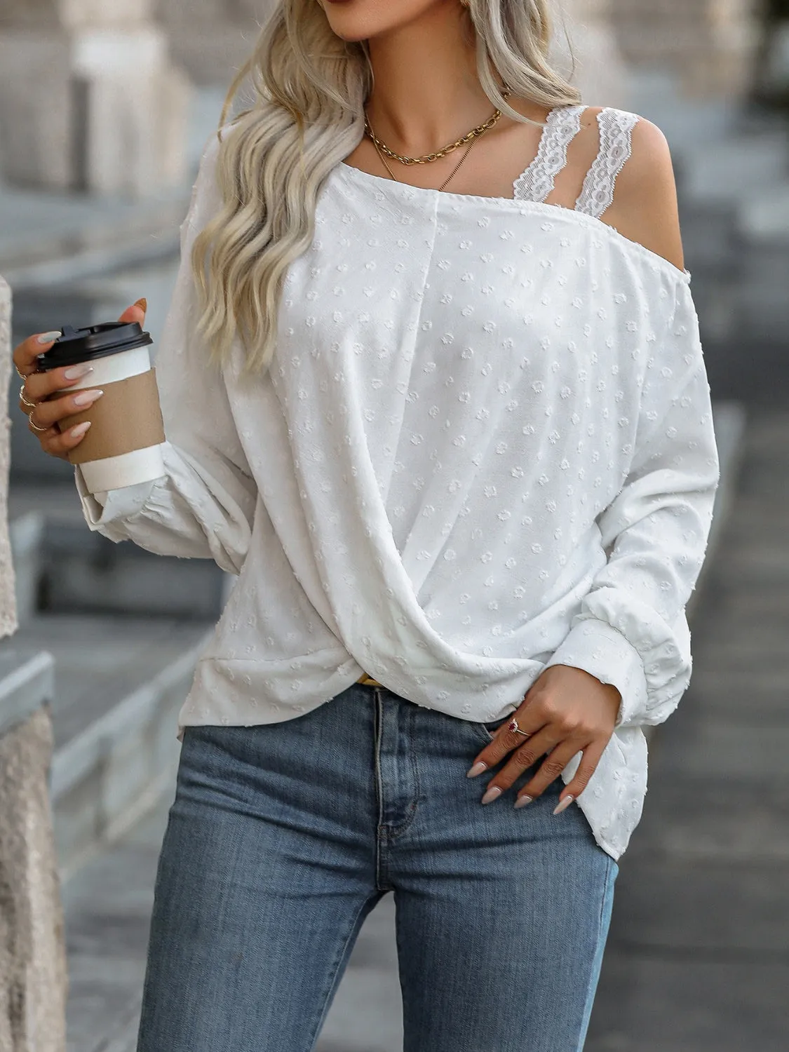 Explore More  Collection - Swiss Dot Asymmetrical Neck Blouse