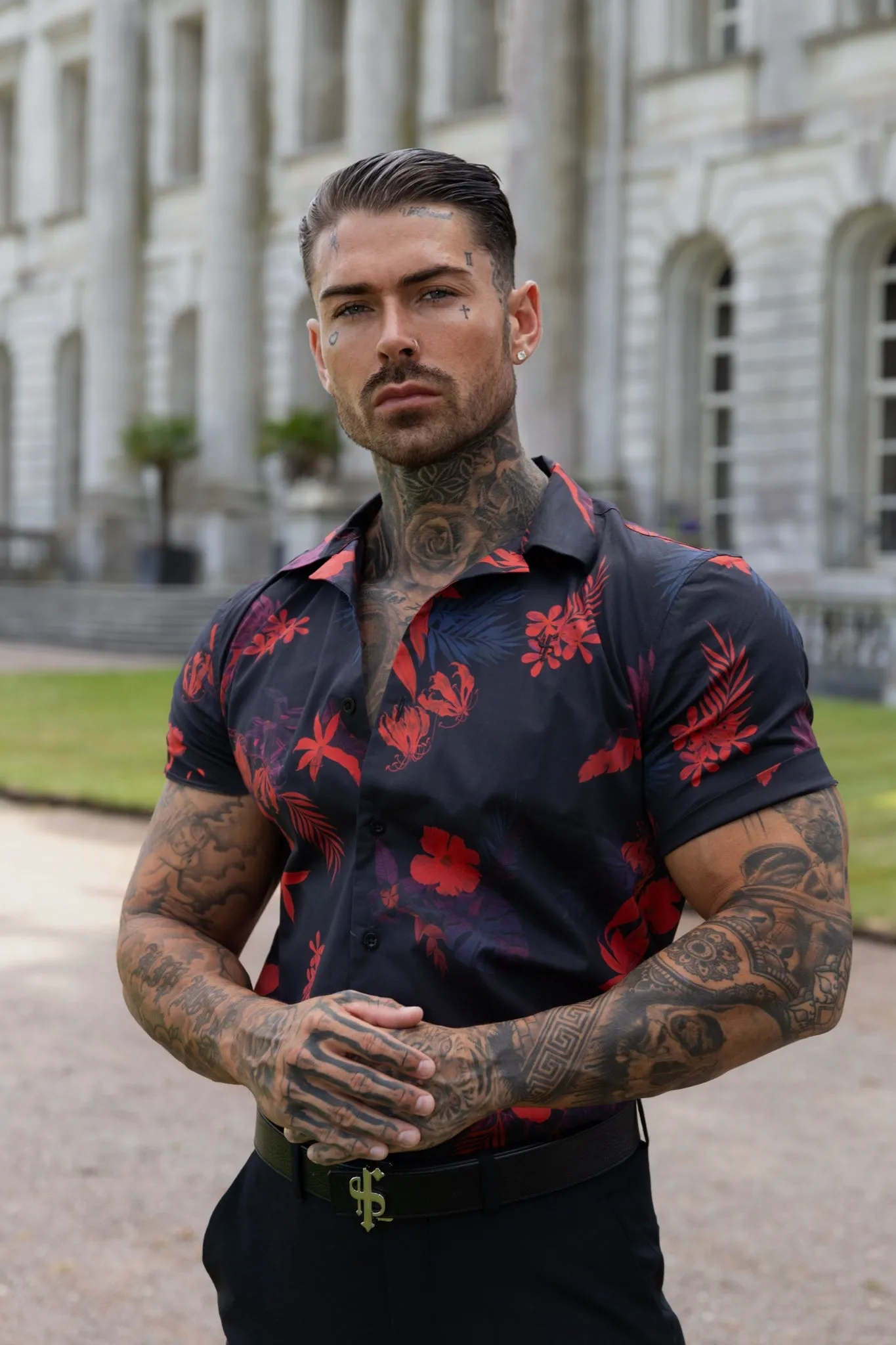 Father Sons Hawaiian-Style Boxy Black & Red Floral Stretch Shirt with Revere Collar - Short Sleeved - FS994