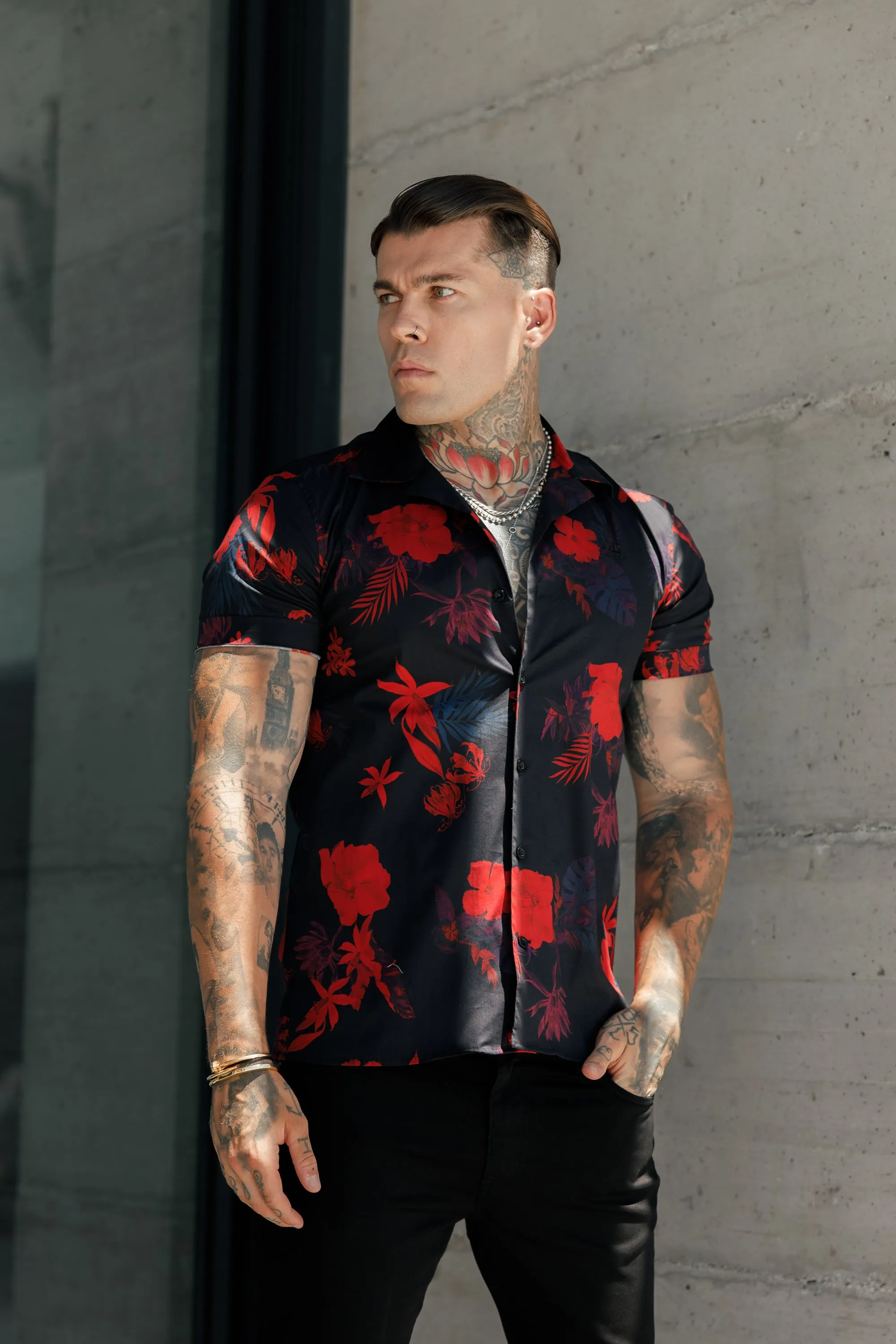Father Sons Hawaiian-Style Boxy Black & Red Floral Stretch Shirt with Revere Collar - Short Sleeved - FS994