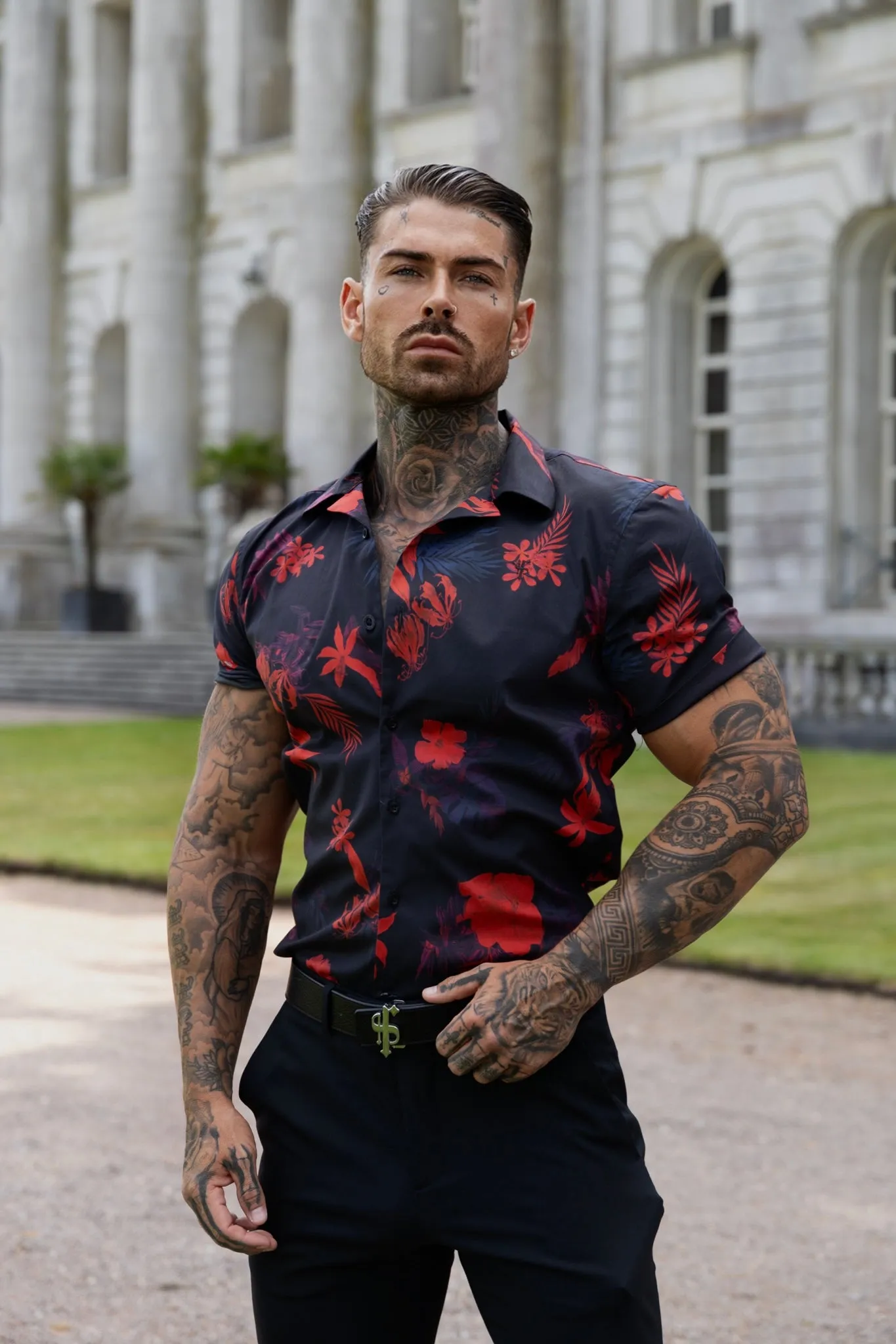 Father Sons Hawaiian-Style Boxy Black & Red Floral Stretch Shirt with Revere Collar - Short Sleeved - FS994