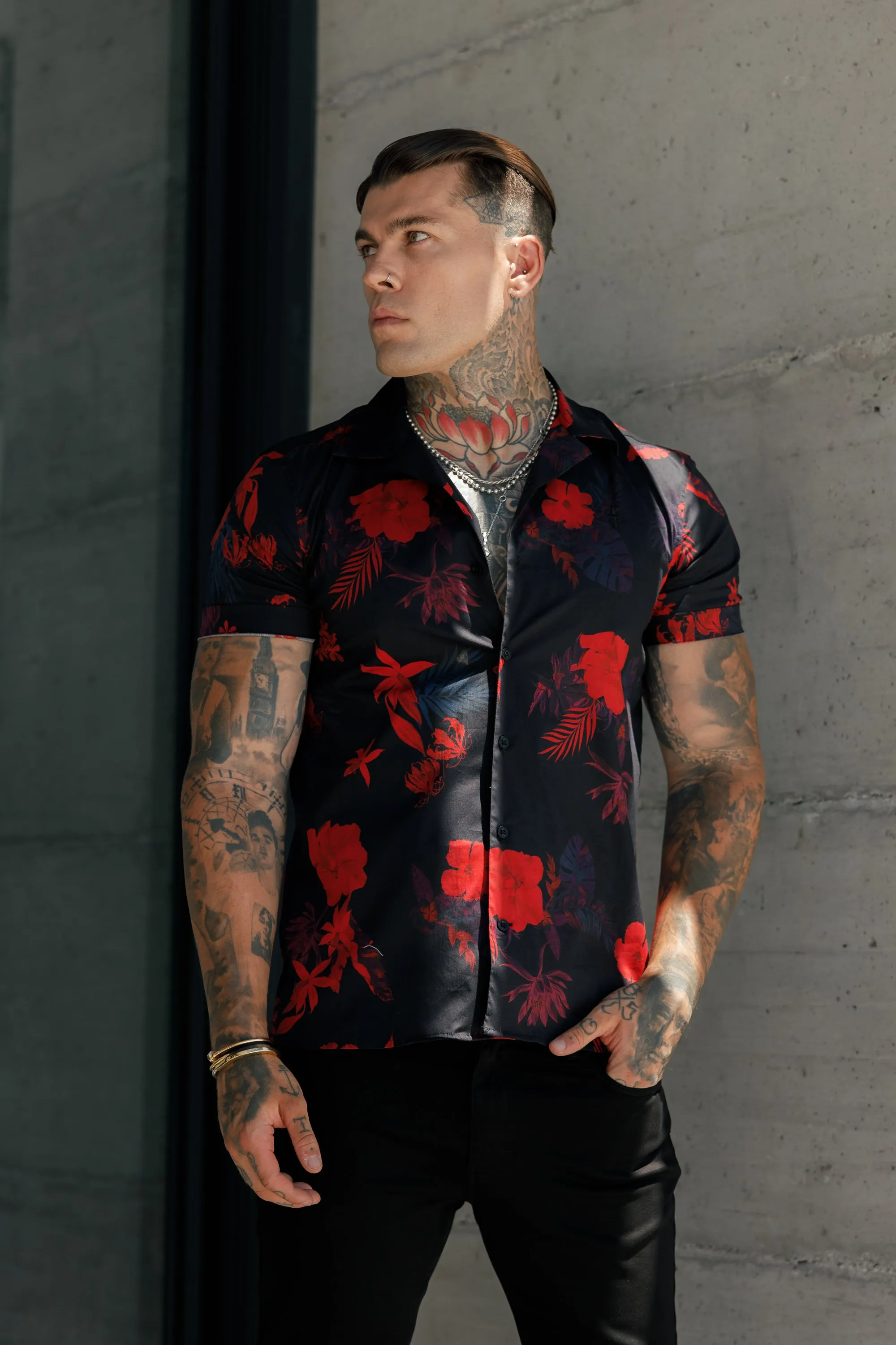 Father Sons Hawaiian-Style Boxy Black & Red Floral Stretch Shirt with Revere Collar - Short Sleeved - FS994