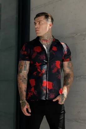 Father Sons Hawaiian-Style Boxy Black & Red Floral Stretch Shirt with Revere Collar - Short Sleeved - FS994
