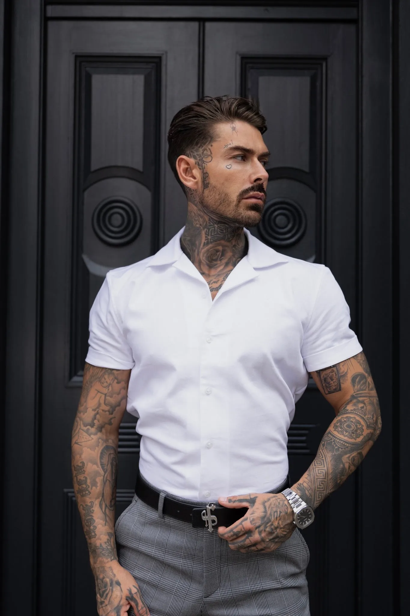 Father Sons Hawaiian Boxy Stretch White Linen Short Sleeve with Revere Collar Short Sleeve - FS1095