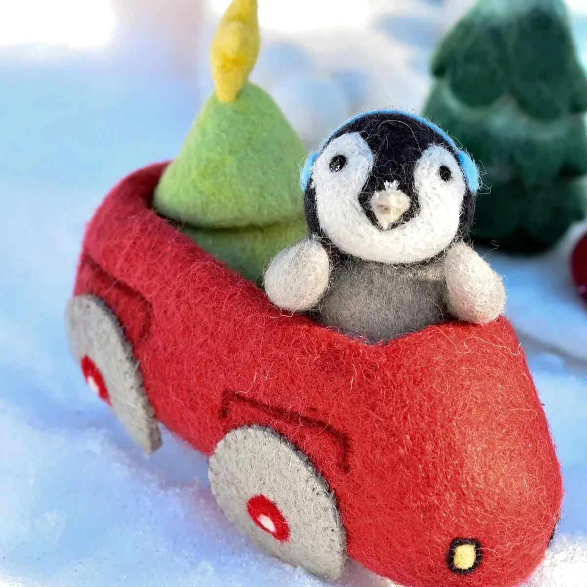 Felt Penguin and Christmas Tree in a Toy Car
