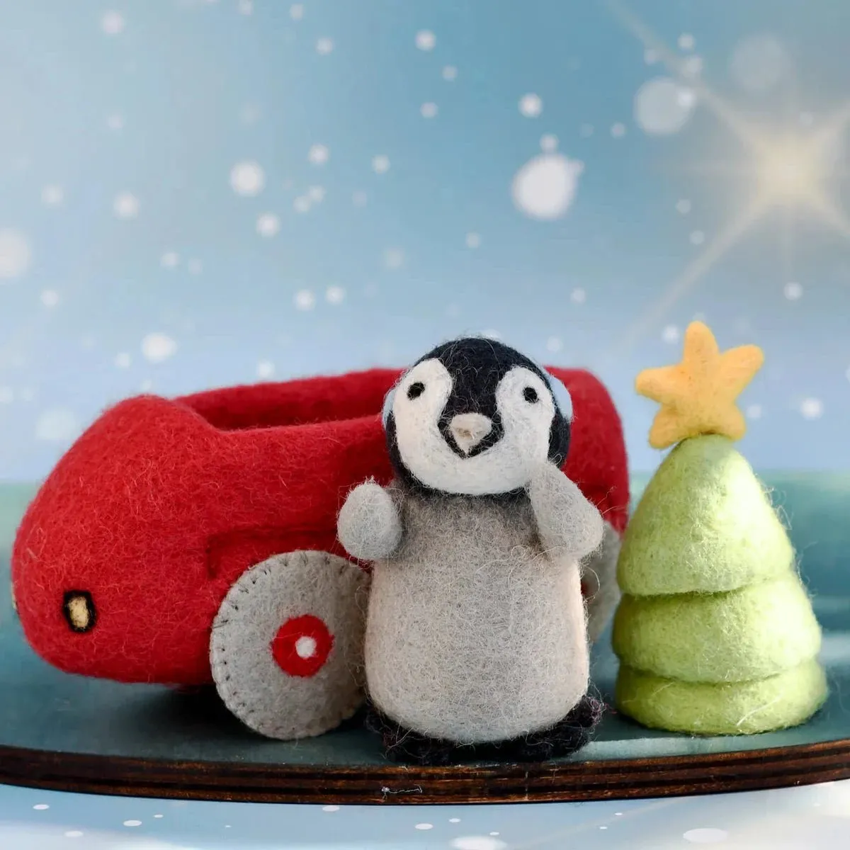 Felt Penguin and Christmas Tree in a Toy Car