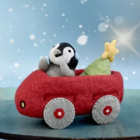 Felt Penguin and Christmas Tree in a Toy Car