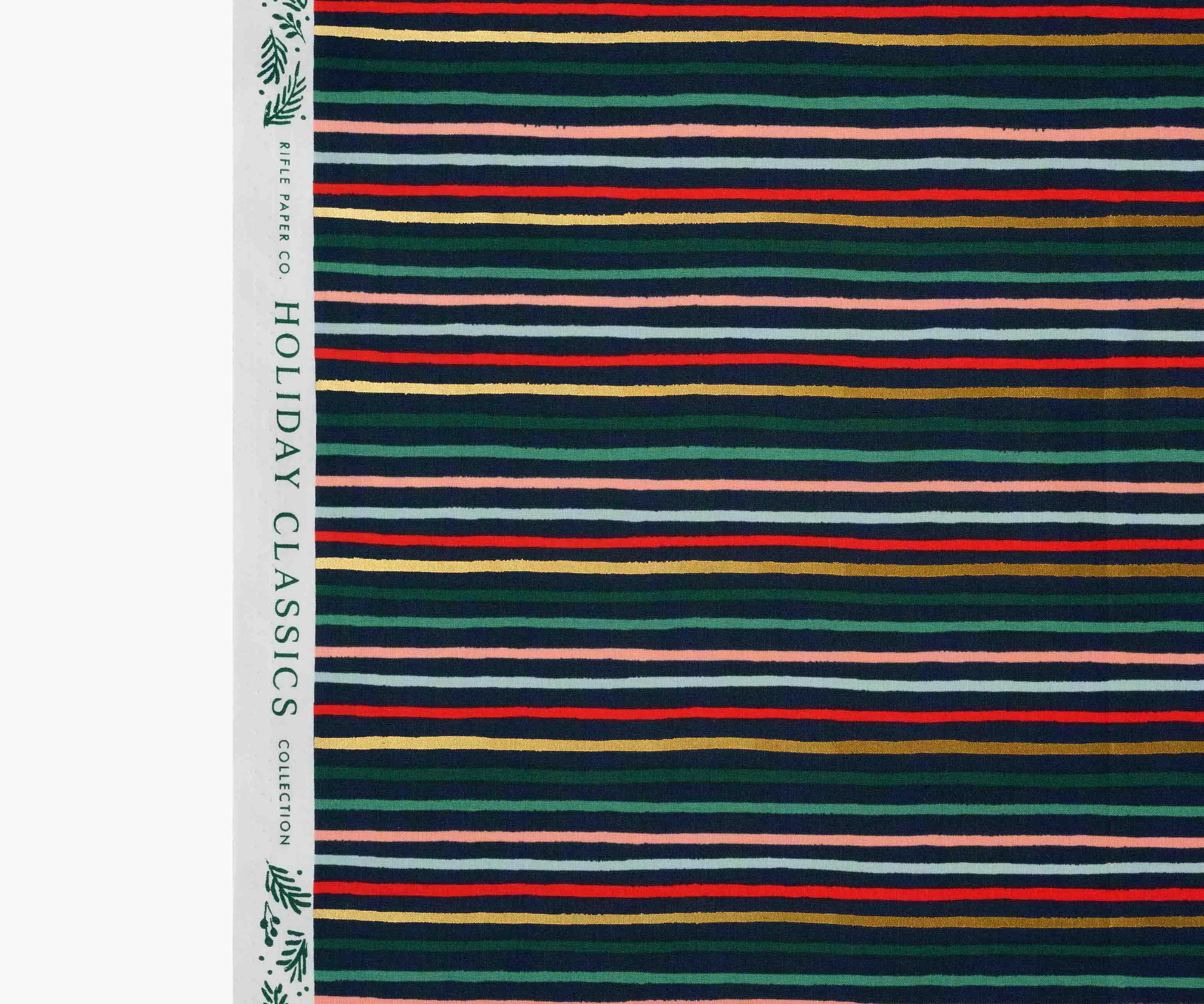 Festive Stripe Metallic Cotton Fabric - Evergreen