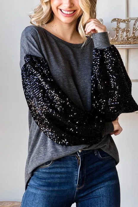 Holiday Sequin Balloon Sleeve Top- Charcoal/Black
