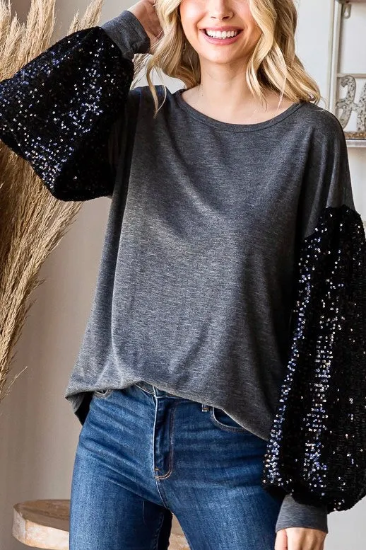 Holiday Sequin Balloon Sleeve Top- Charcoal/Black