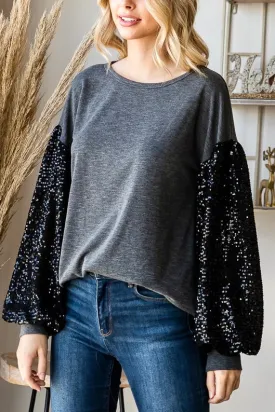 Holiday Sequin Balloon Sleeve Top- Charcoal/Black