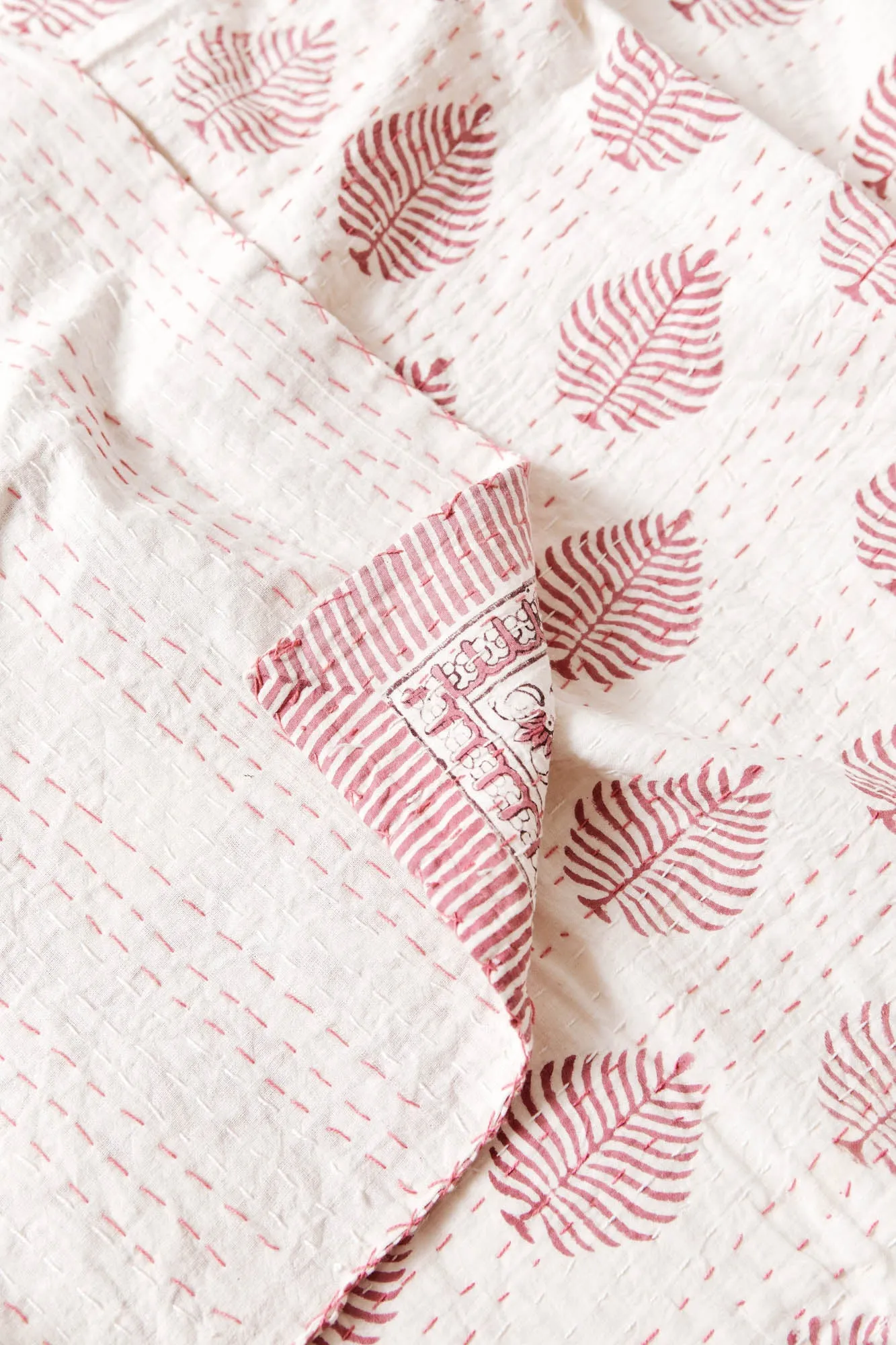 Kantha Quilt Pink Leaves