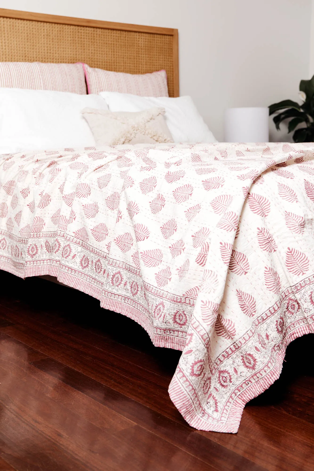Kantha Quilt Pink Leaves