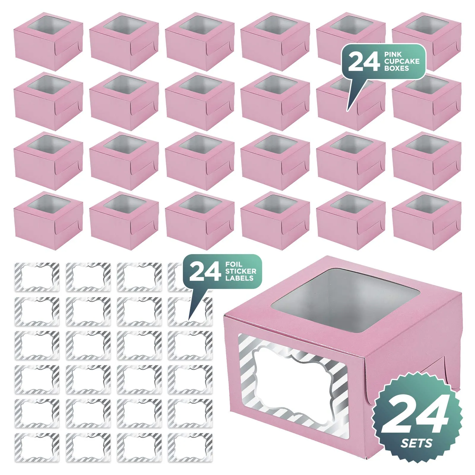 Light Pink Cupcake Boxes with Sticker Labels - Individual Single Cupcake Boxes with Insert Holders & Silver and White Foil Stickers - 24 Count (Pale Pink) 4 1/2" x 3" x 4 1/2"