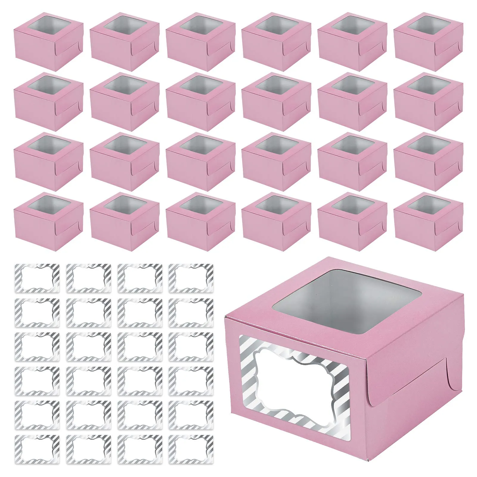 Light Pink Cupcake Boxes with Sticker Labels - Individual Single Cupcake Boxes with Insert Holders & Silver and White Foil Stickers - 24 Count (Pale Pink) 4 1/2" x 3" x 4 1/2"