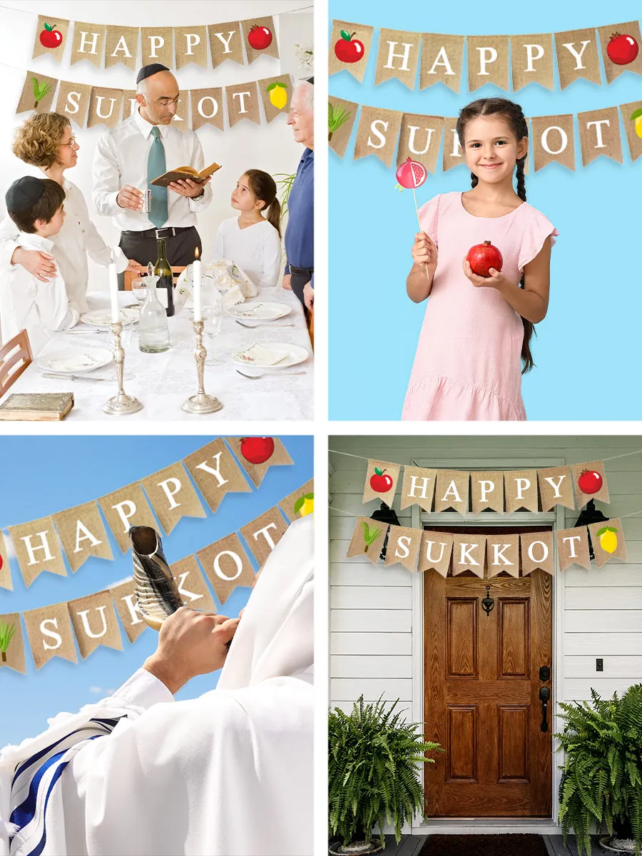 Mandala Crafts Happy Sukkot Banner for Sukkot Decorations Outdoor Indoor Burlap Sukkot Flag – Jute Jewish Holiday Party Bunting Sign for Sukkah Decoration