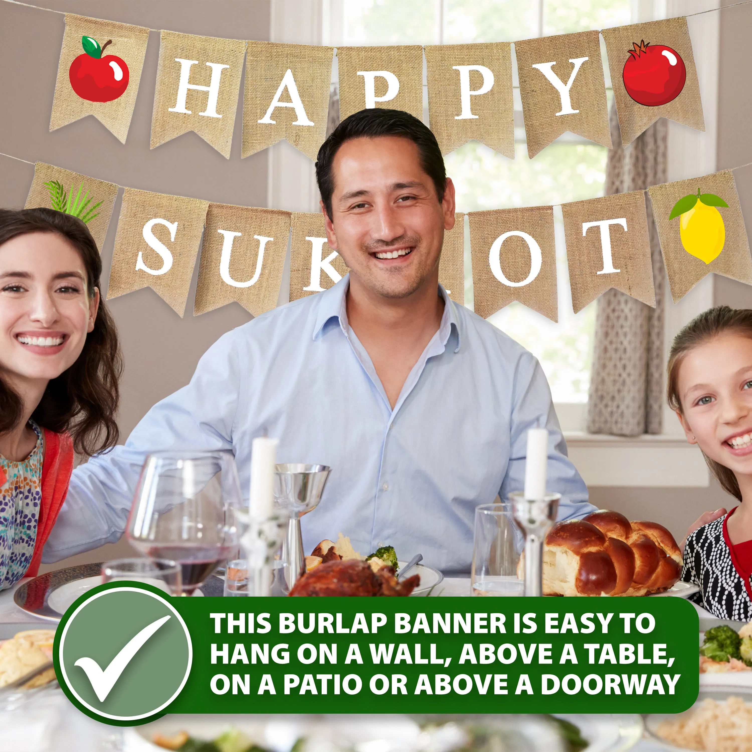 Mandala Crafts Happy Sukkot Banner for Sukkot Decorations Outdoor Indoor Burlap Sukkot Flag – Jute Jewish Holiday Party Bunting Sign for Sukkah Decoration