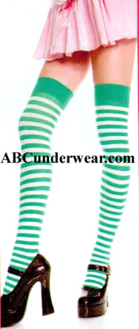 Opague Striped Thigh Hi Stockings White & Kelly Green Opague Striped Thigh Hi Stockings White & Kelly Green