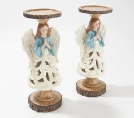 Set of 2 12" Carved and Pierced Holiday Candle Holder Pedestals Winter Angel,