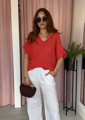V Neck Cotton Top - Coral V Neck Cotton Top - Coral