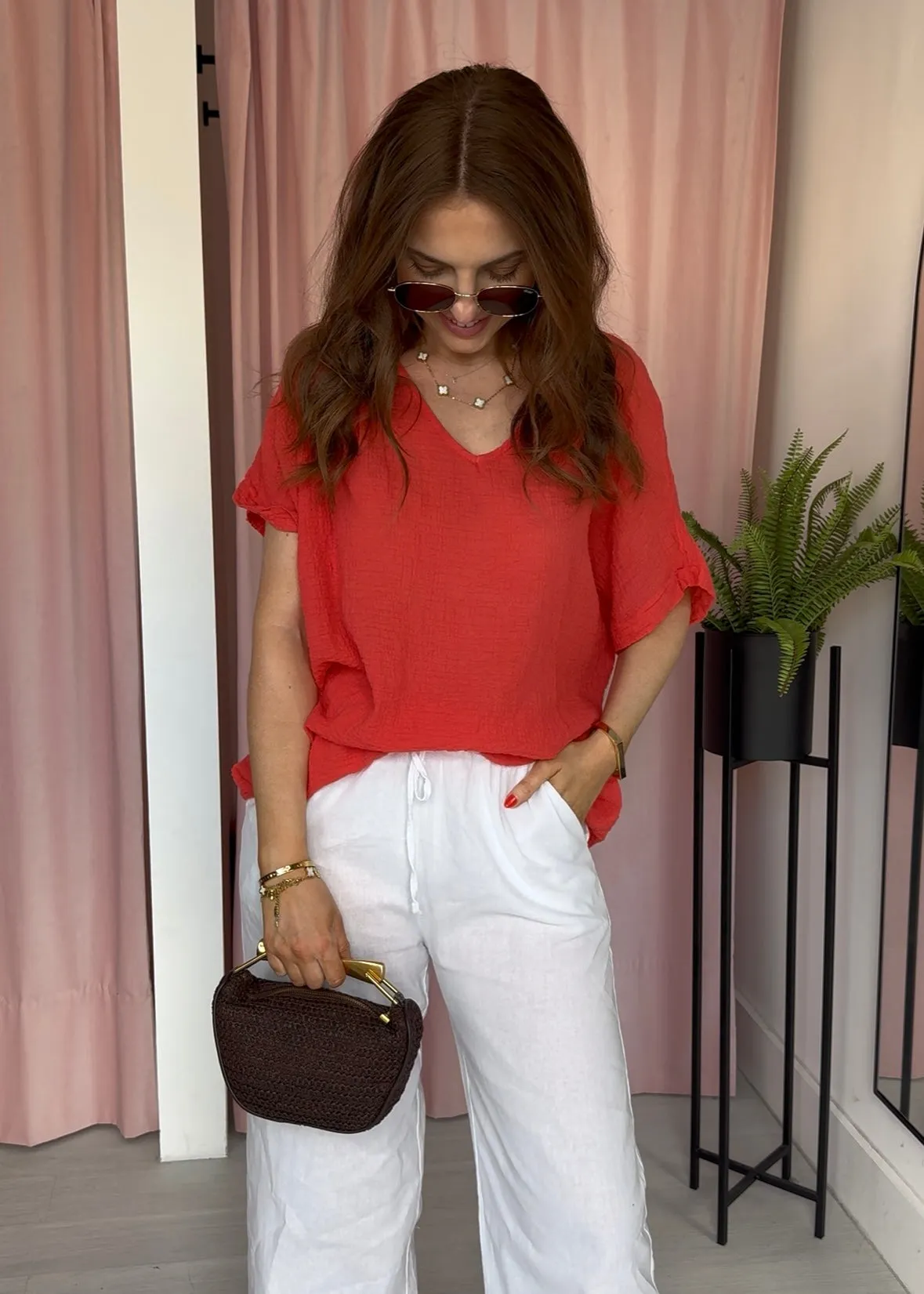 V Neck Cotton Top - Coral