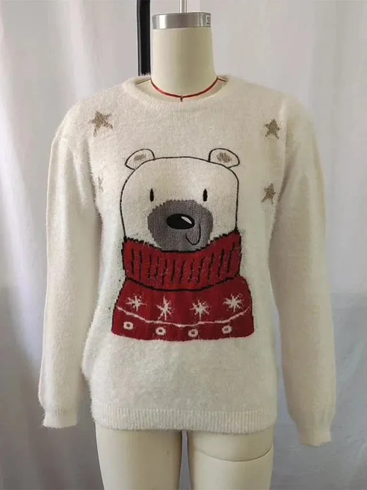 Wenkouban-Christmas Thanksgiving outfits_Ugly Christmas Cartoon Bear Embroidery Holiday Autumn Winter Christmas Sweater