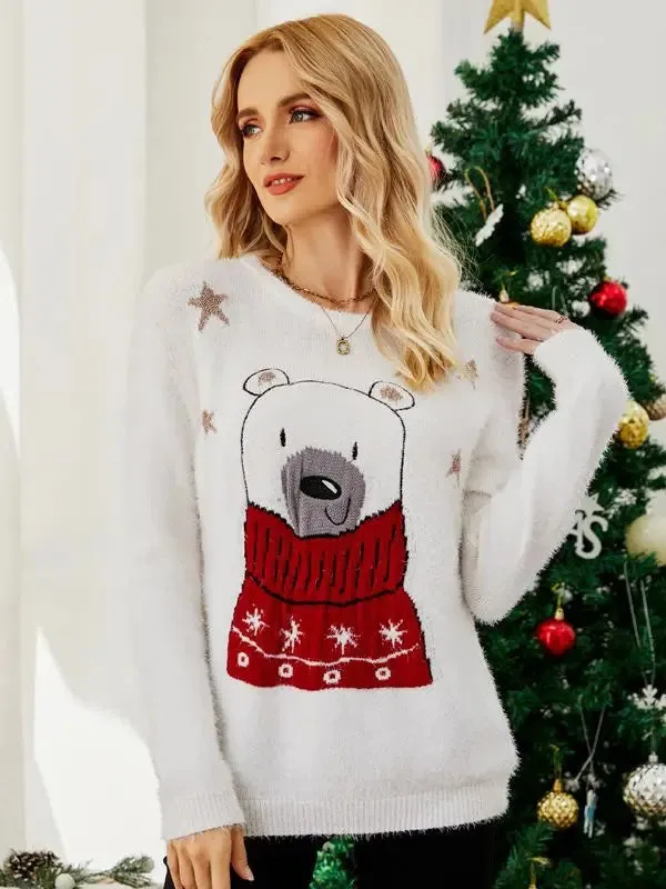 Wenkouban-Christmas Thanksgiving outfits_Ugly Christmas Cartoon Bear Embroidery Holiday Autumn Winter Christmas Sweater