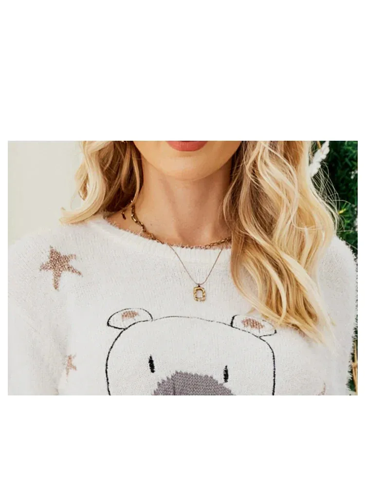 Wenkouban-Christmas Thanksgiving outfits_Ugly Christmas Cartoon Bear Embroidery Holiday Autumn Winter Christmas Sweater